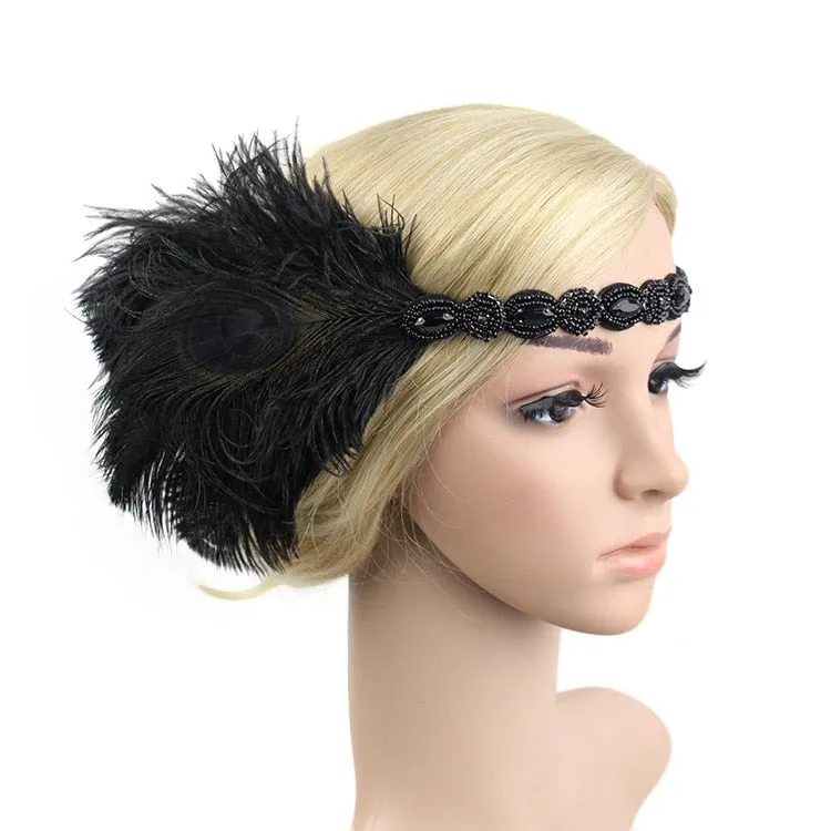 Roaring 20s Black Feather Headband 1920s Flapper Headpiece Women Costume Headwear Great Gatsby Party Hair Accessories