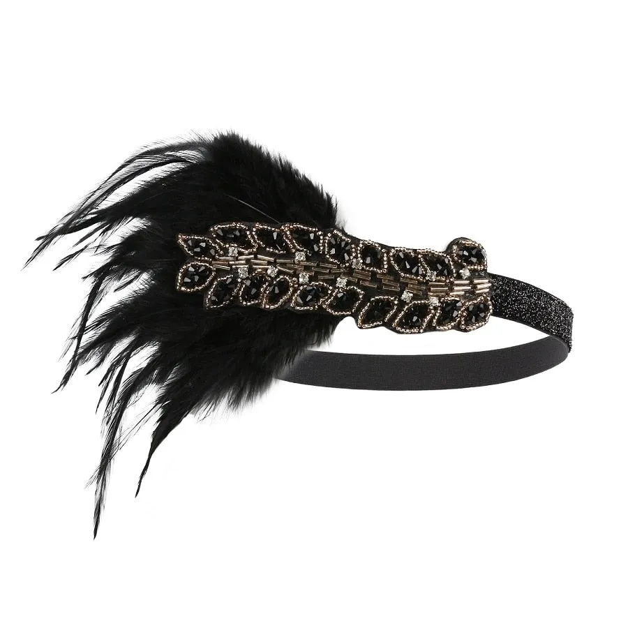 Roaring 20s Black Feather Headband 1920s Flapper Headpiece Women Costume Headwear Great Gatsby Party Hair Accessories