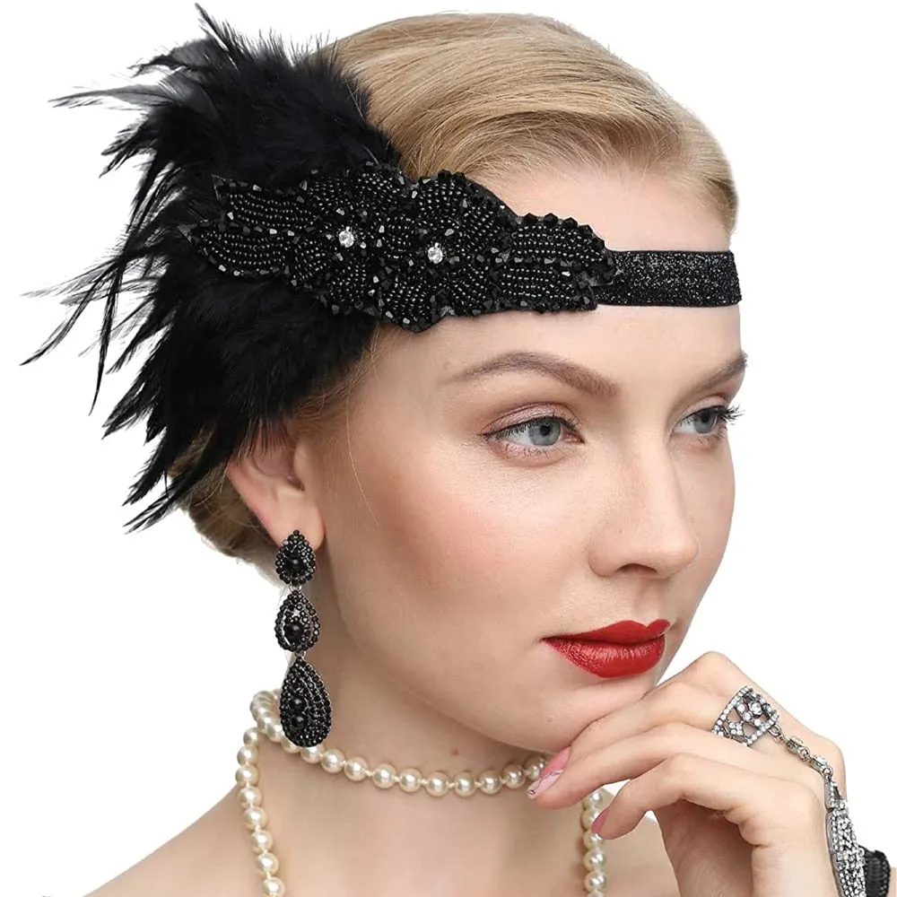 Roaring 20s Black Feather Headband 1920s Flapper Headpiece Women Costume Headwear Great Gatsby Party Hair Accessories