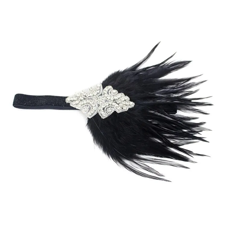 Roaring 20s Black Feather Headband 1920s Flapper Headpiece Women Costume Headwear Great Gatsby Party Hair Accessories