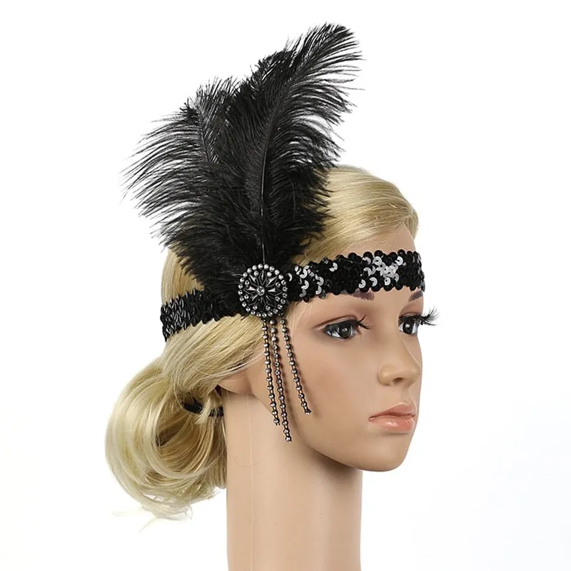 Roaring 20s Black Feather Headband 1920s Flapper Headpiece Women Costume Headwear Great Gatsby Party Hair Accessories