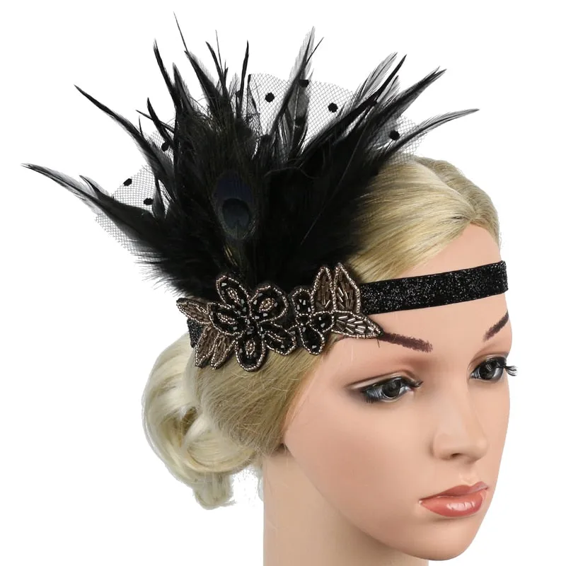 Roaring 20s Black Feather Headband 1920s Flapper Headpiece Women Costume Headwear Great Gatsby Party Hair Accessories