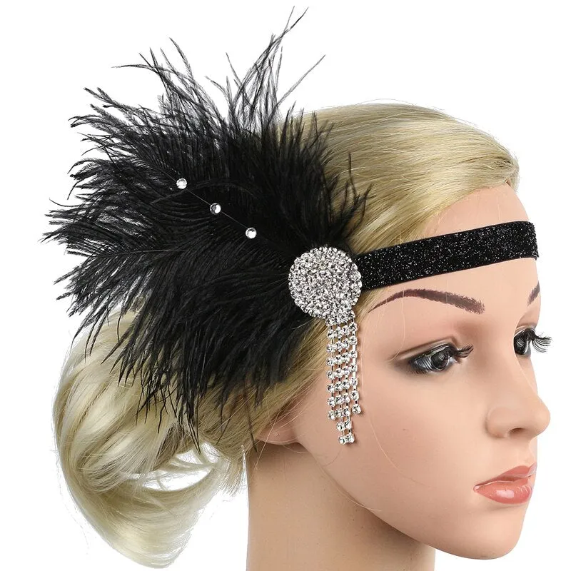 Roaring 20s Black Feather Headband 1920s Flapper Headpiece Women Costume Headwear Great Gatsby Party Hair Accessories