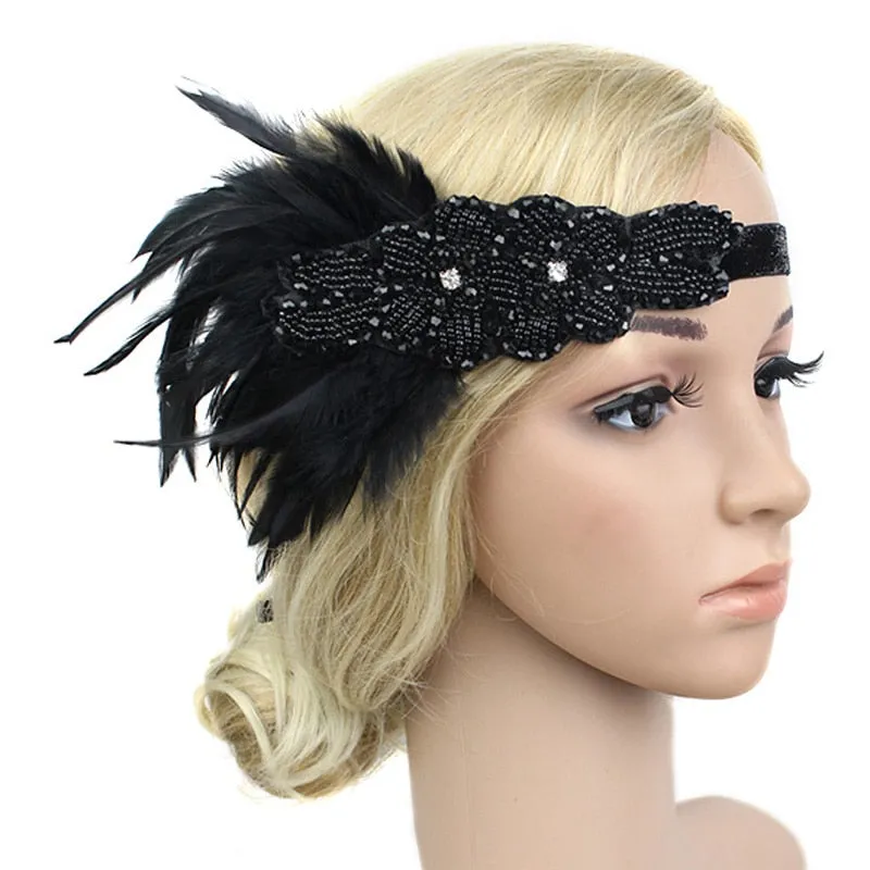 Roaring 20s Black Feather Headband 1920s Flapper Headpiece Women Costume Headwear Great Gatsby Party Hair Accessories