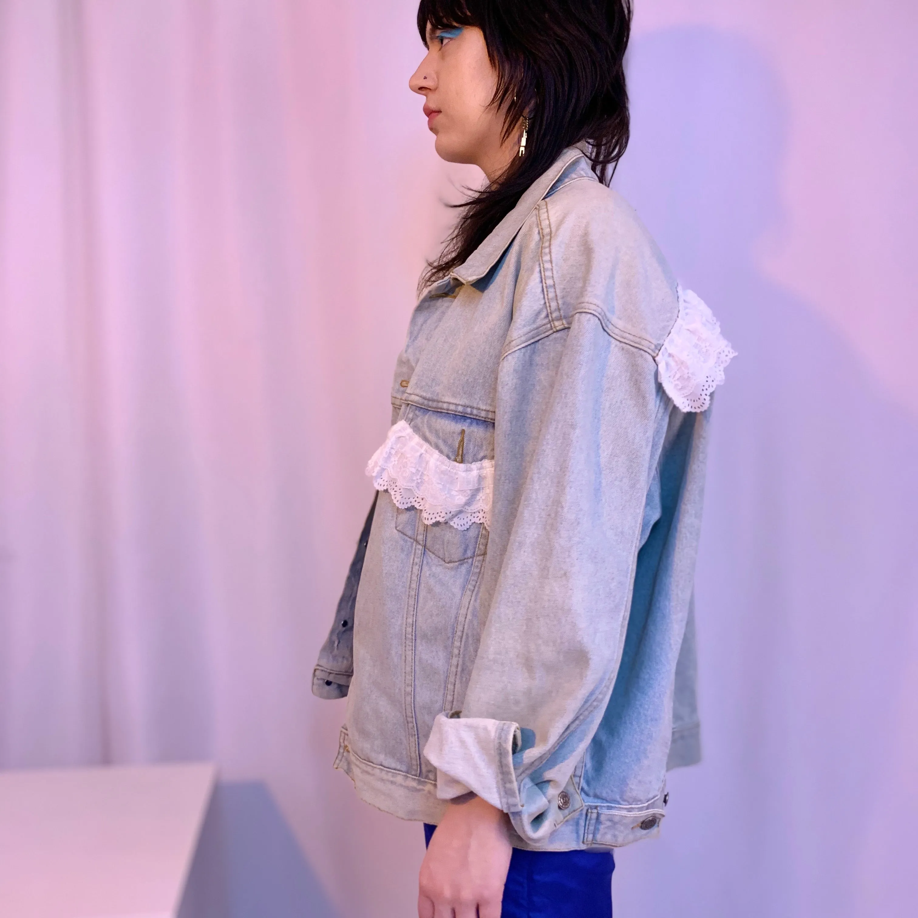 Ruffle organza lace denim jacket