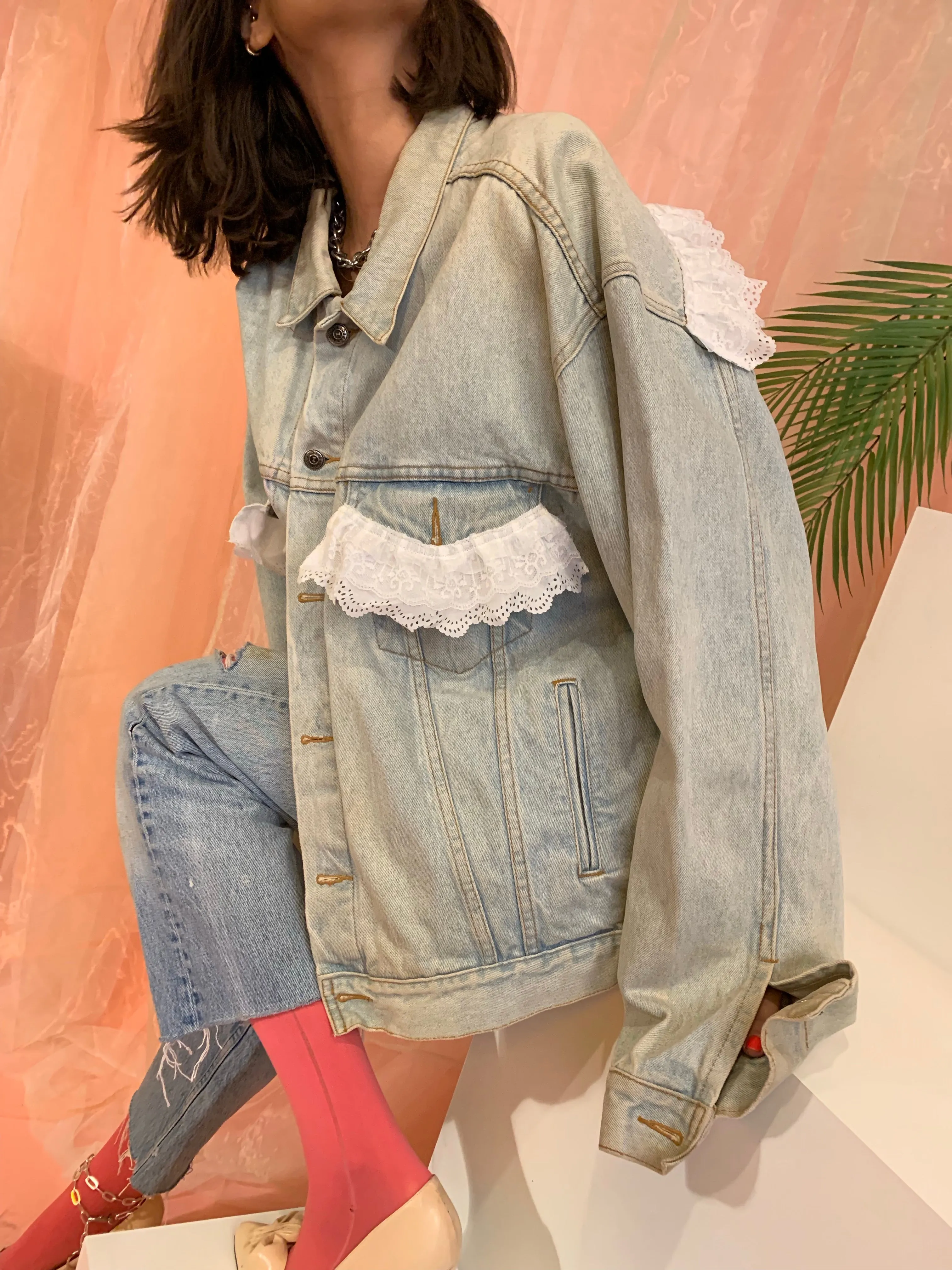 Ruffle organza lace denim jacket