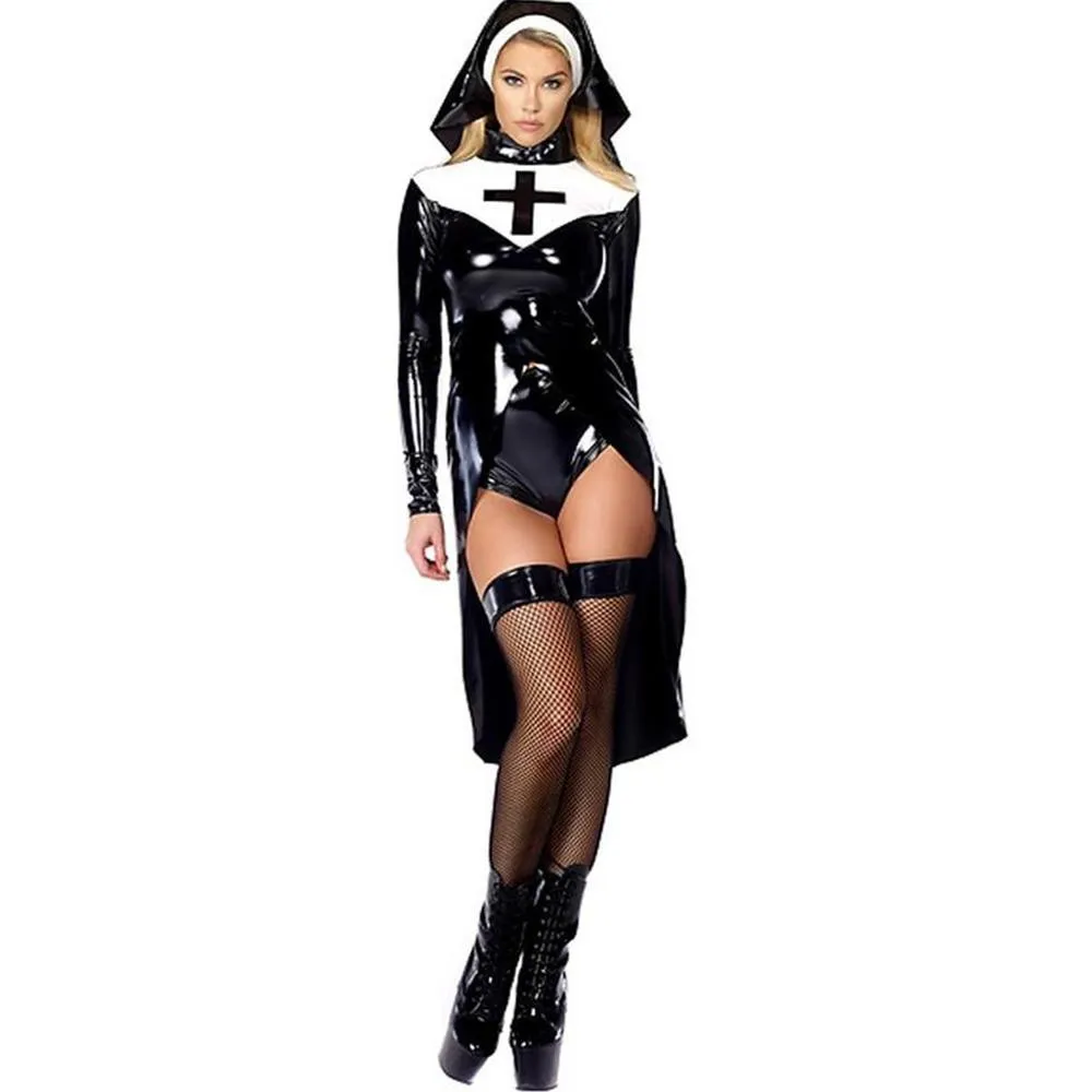 Saintlike Seductress Costume Faux Leather PVC Wetlook Nun Costume