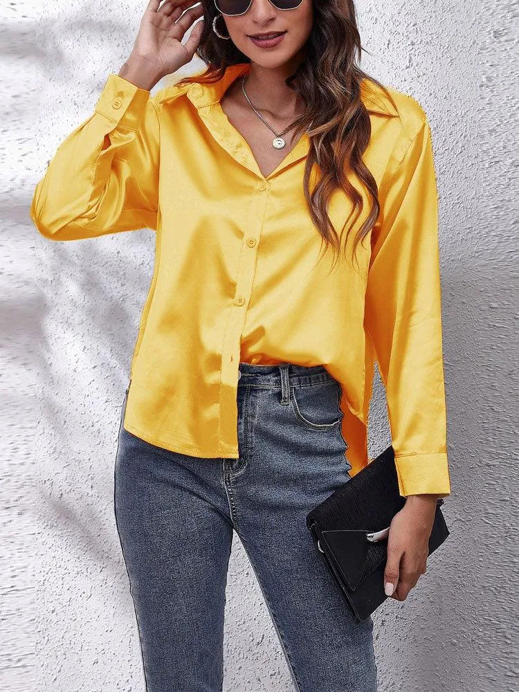 Satin Imitation Silk Button-Up Blouse - Loose Fit with Long Sleeves