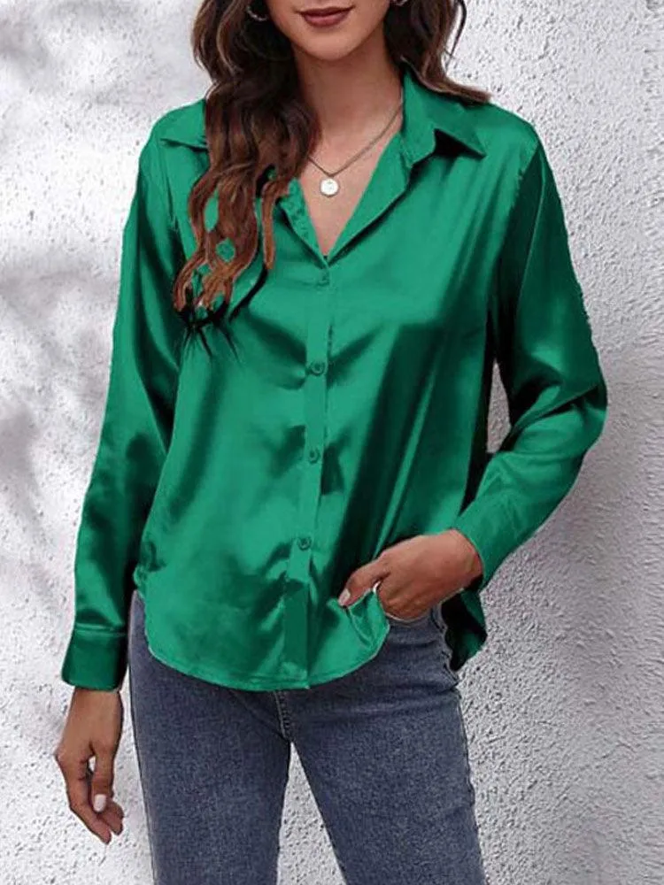 Satin Imitation Silk Button-Up Blouse - Loose Fit with Long Sleeves