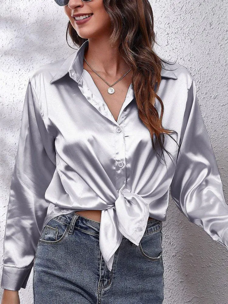 Satin Imitation Silk Button-Up Blouse - Loose Fit with Long Sleeves