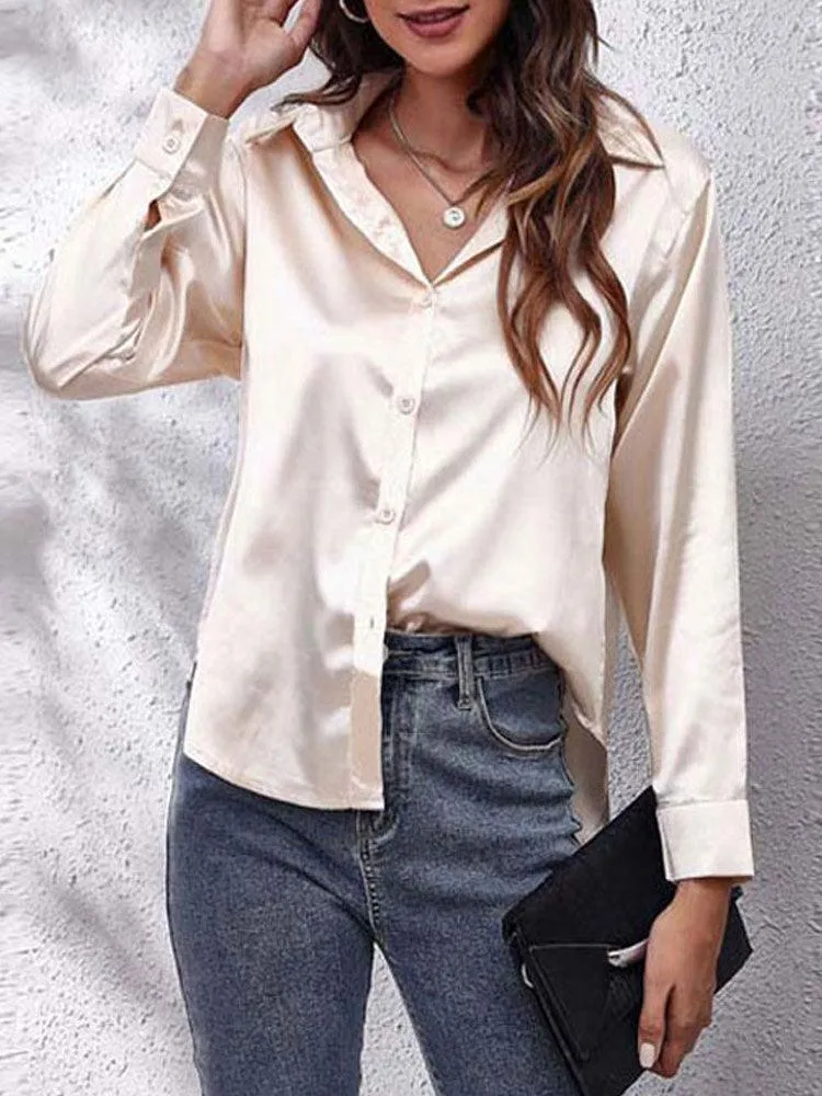 Satin Imitation Silk Button-Up Blouse - Loose Fit with Long Sleeves