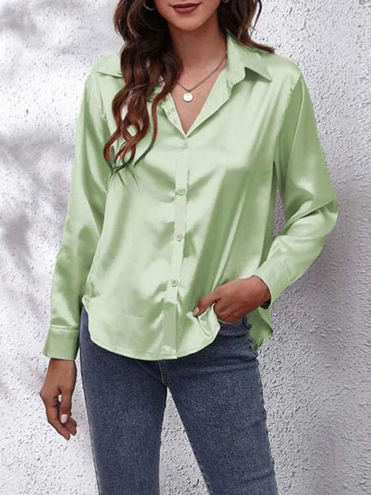 Satin Imitation Silk Button-Up Blouse - Loose Fit with Long Sleeves