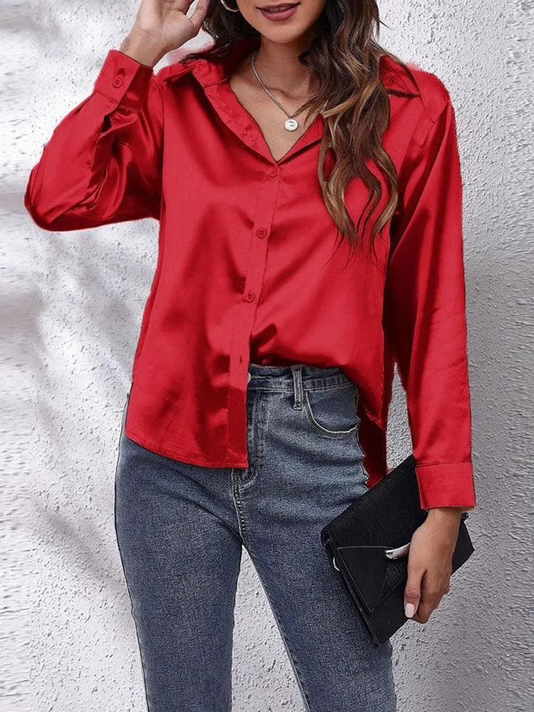 Satin Imitation Silk Button-Up Blouse - Loose Fit with Long Sleeves