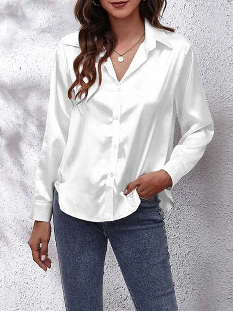 Satin Imitation Silk Button-Up Blouse - Loose Fit with Long Sleeves