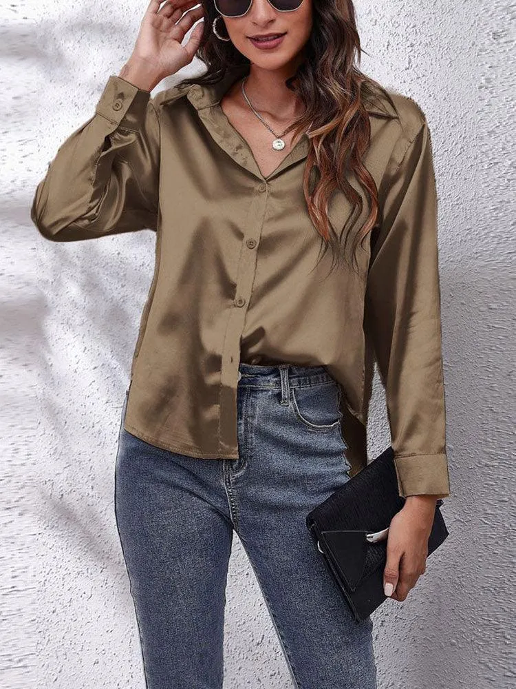 Satin Imitation Silk Button-Up Blouse - Loose Fit with Long Sleeves