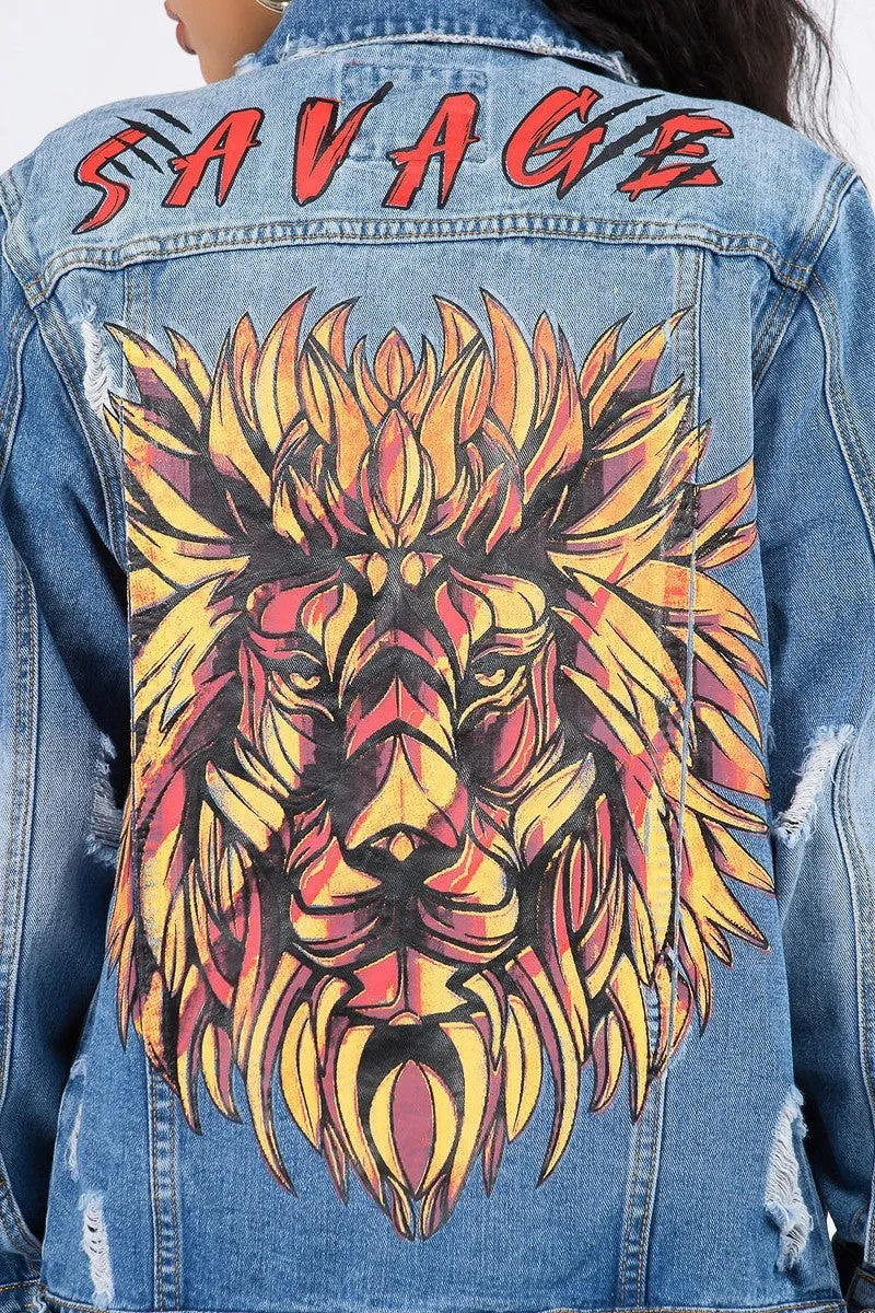 Savage Lion Print Denim Jacket