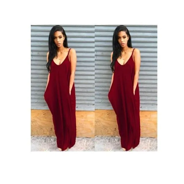 Sexy Deep V Neck Pocket Lady Spaghetti Strap Maxi Dress