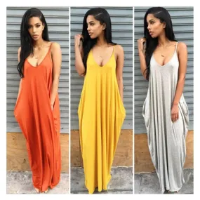 Sexy Deep V Neck Pocket Lady Spaghetti Strap Maxi Dress