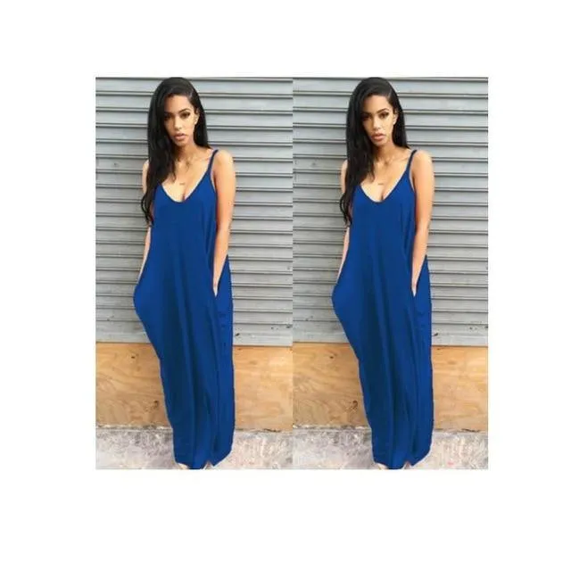 Sexy Deep V Neck Pocket Lady Spaghetti Strap Maxi Dress