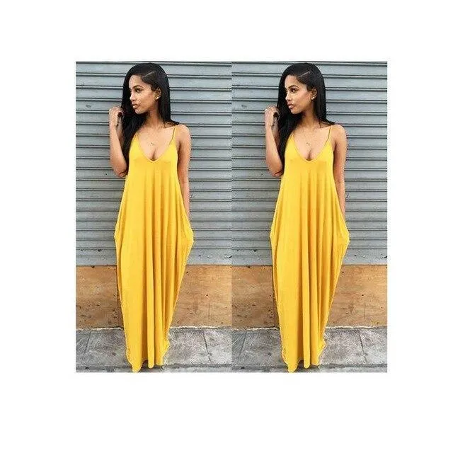 Sexy Deep V Neck Pocket Lady Spaghetti Strap Maxi Dress