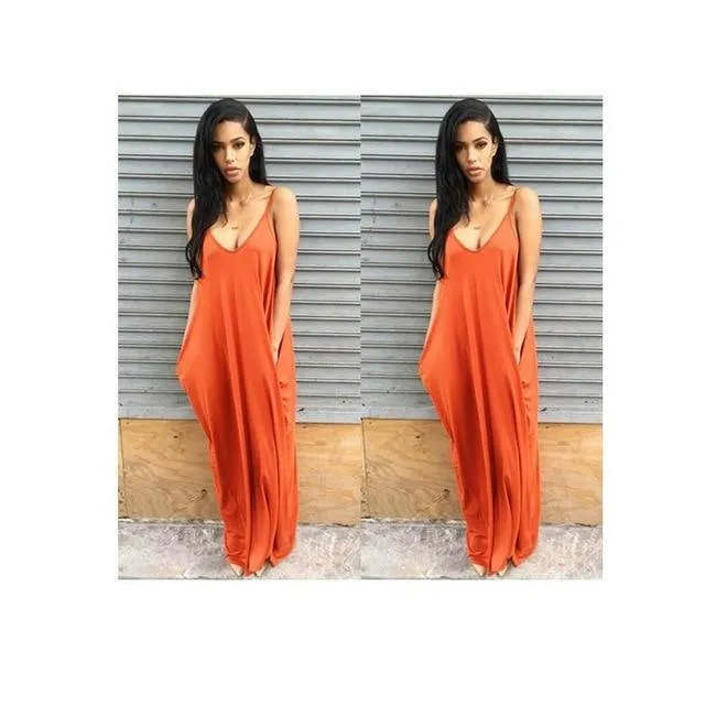 Sexy Deep V Neck Pocket Lady Spaghetti Strap Maxi Dress