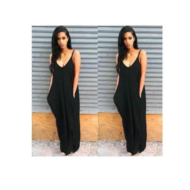 Sexy Deep V Neck Pocket Lady Spaghetti Strap Maxi Dress