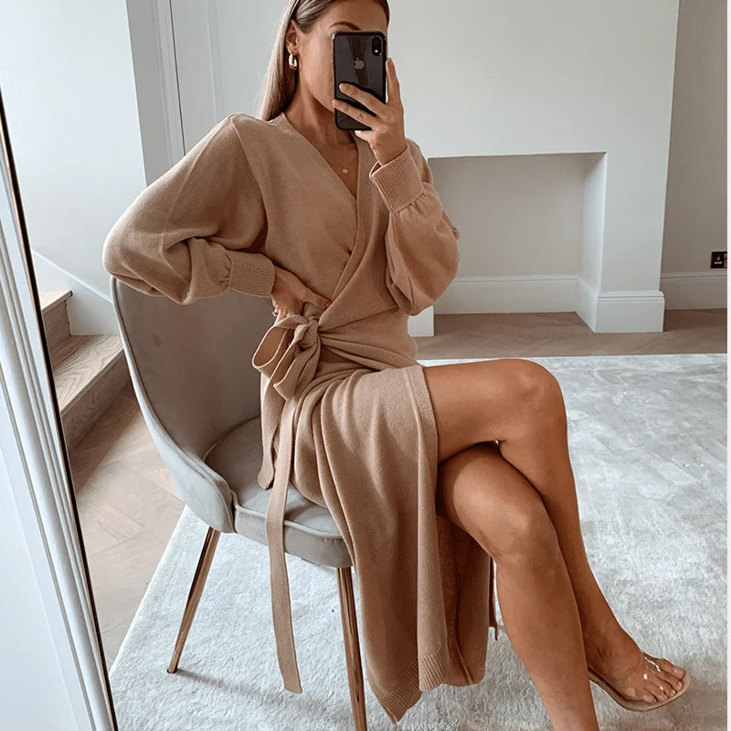 Simplee Casual V-Neck Knitted Home Style Fashion Tube Dress