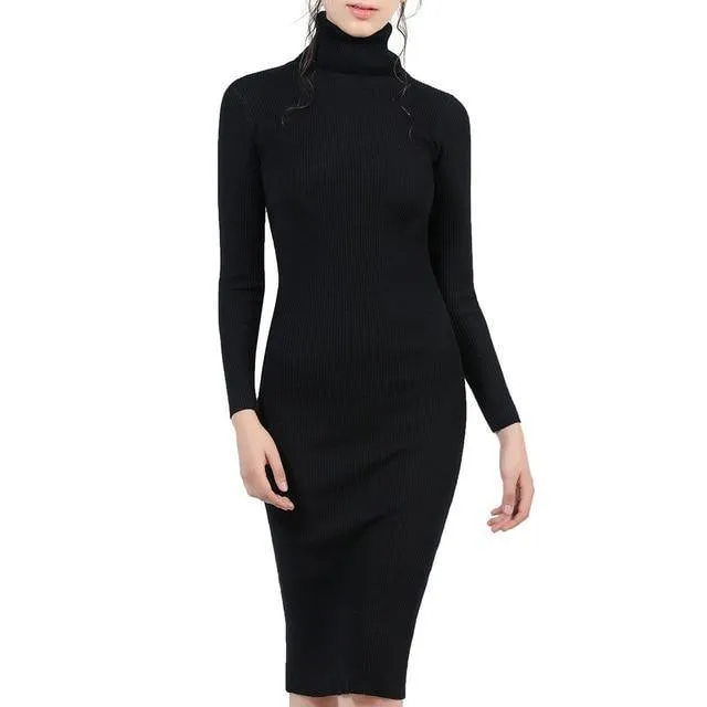 Slim Elastic Turtleneck Long Sleeve Sexy Lady Bodycon Robe Dress