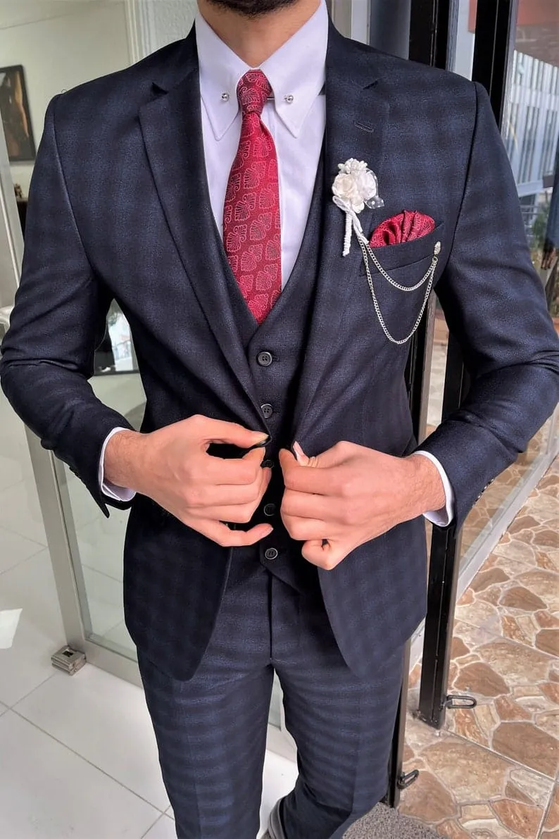 Slim Fit Navy Blue Plaid Wool Wedding Suit