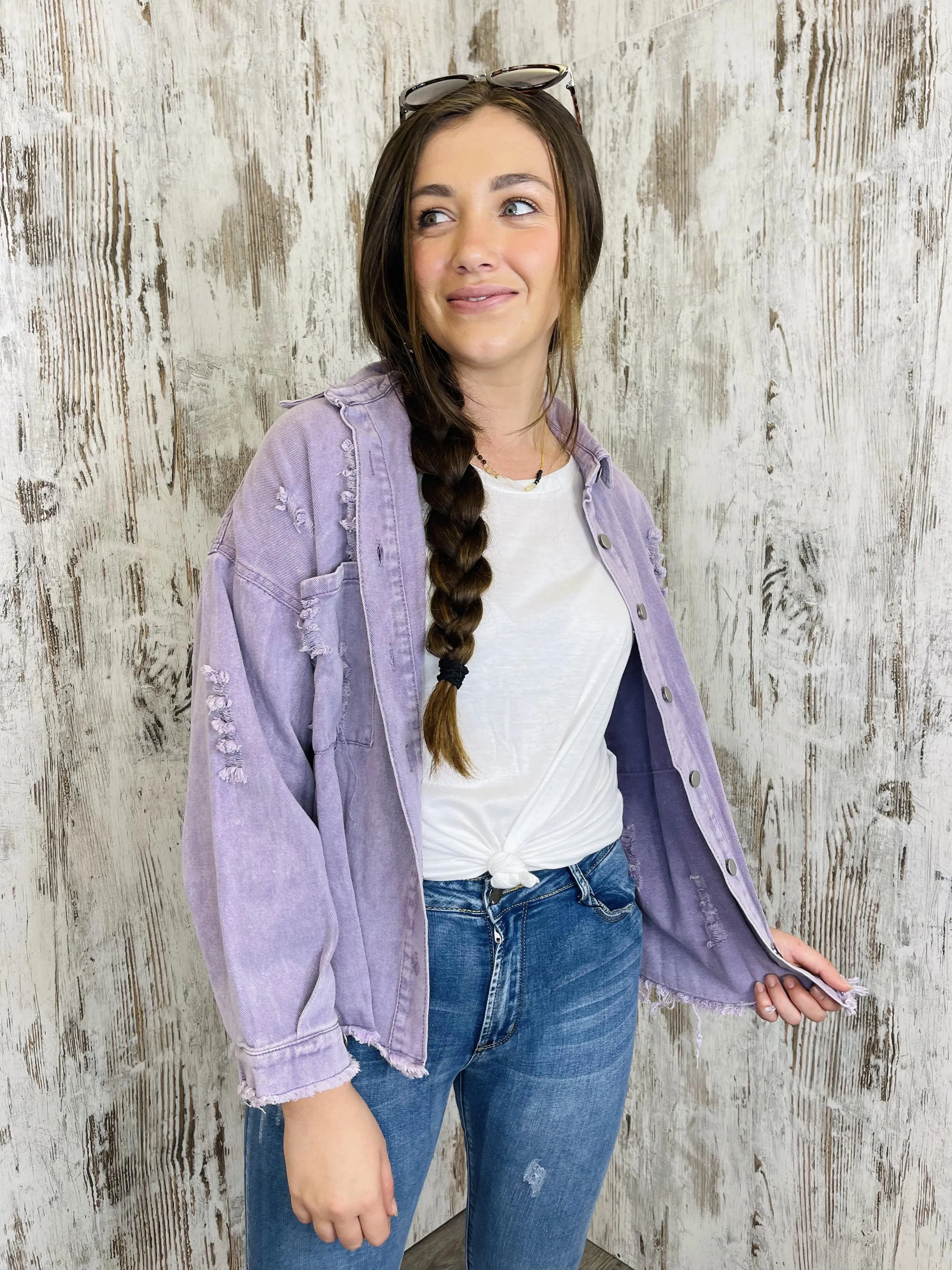 Spirit Distressed Denim Jacket - Lilac