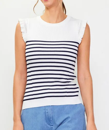 Stripe Ruffle Sleeve Knit Top - White/Navy