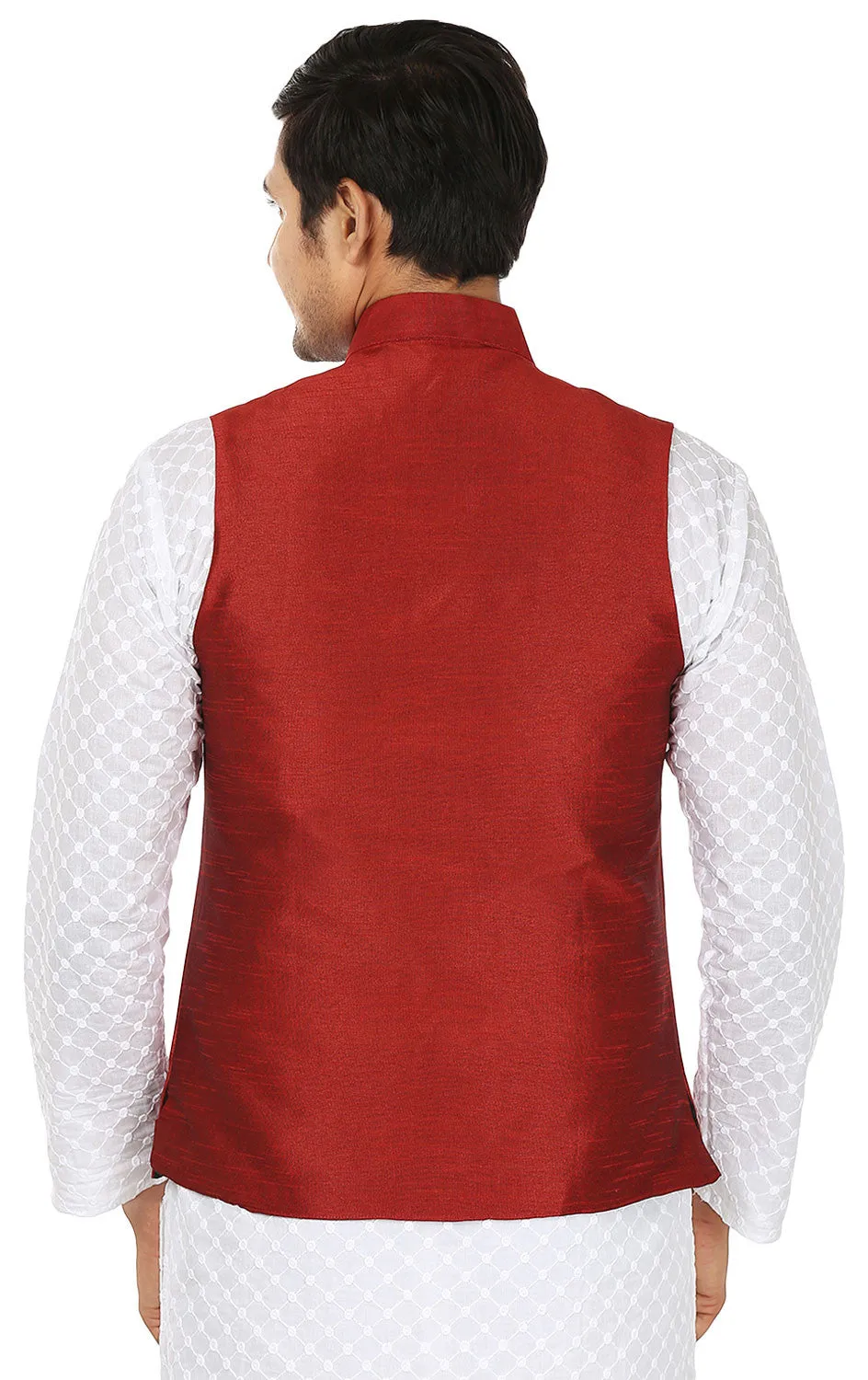 Traditional Men's Sleeve Less Silk Nehru Jacket India Waistcoat (Red)