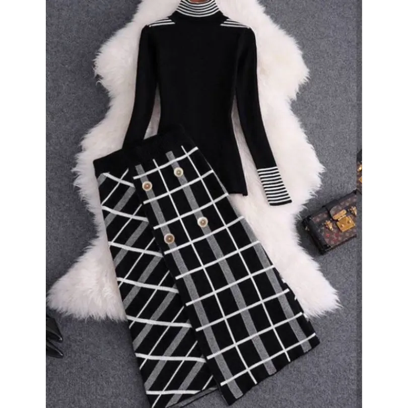 Turtleneck Top and Button Skirt Set