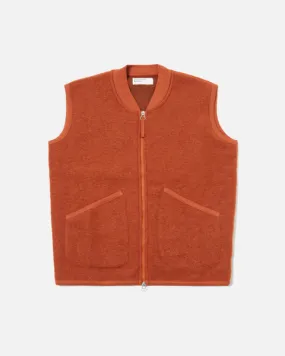 UNIVERSAL WORKS ZIP WAISTCOAT IN ORANGE WOOL FLEECE