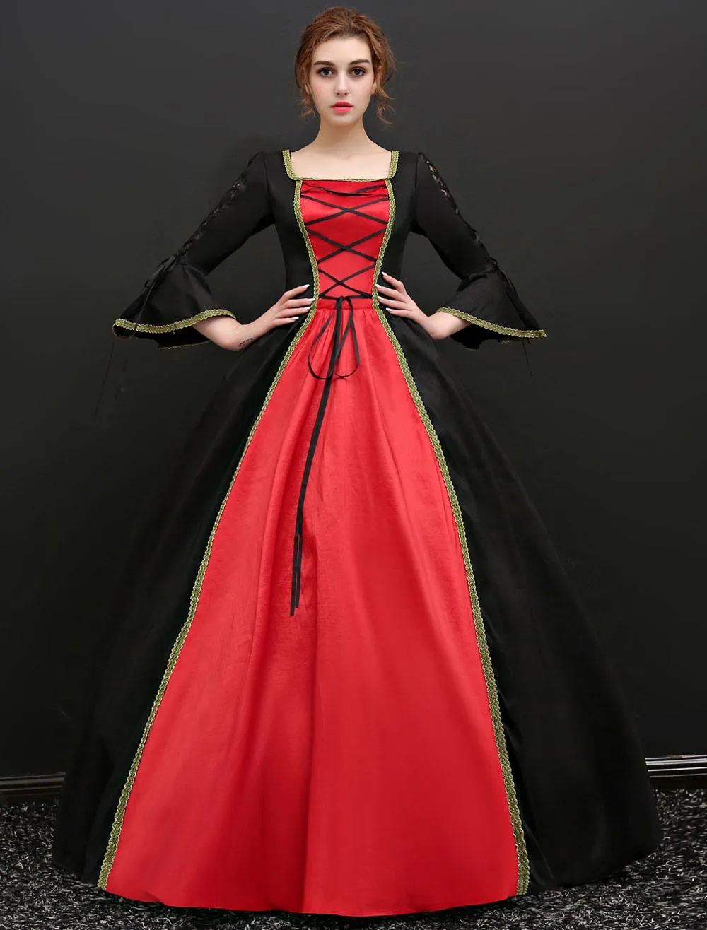 Victorian Retro Tudor Dress  Costume Women's Baroque Black Half Sleeves Ball Gown Vintage Retro Dress Halloween