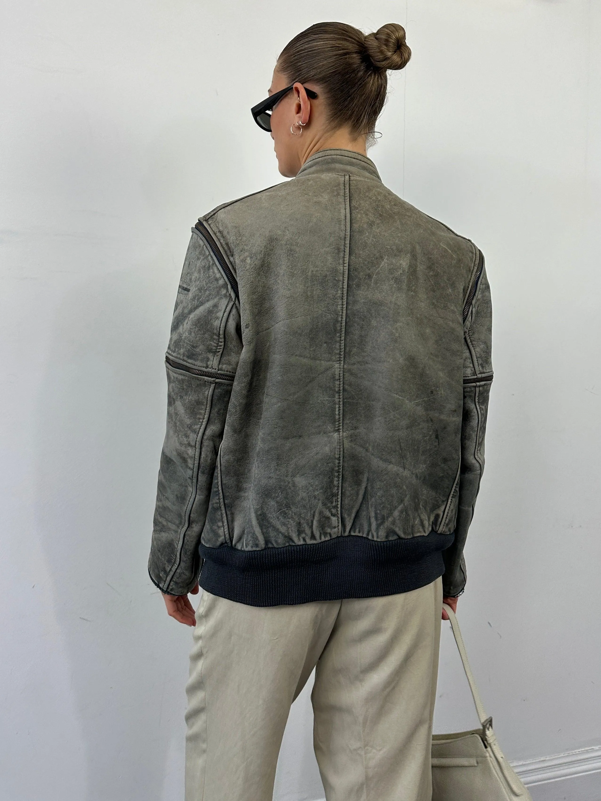 Vintage 3 In 1 Aged Leather Bomber Jacket - M