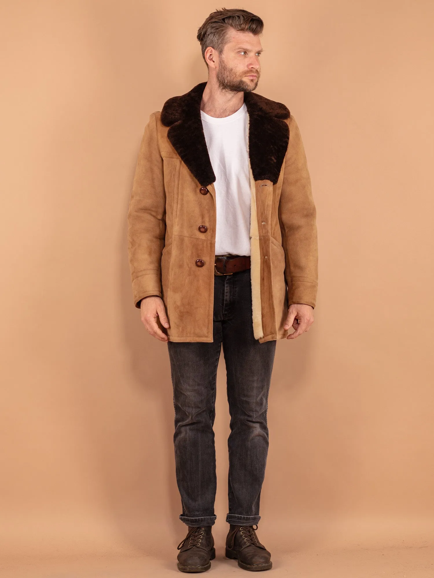 Vintage 70's Men Sheepskin Coat in Beige Brown