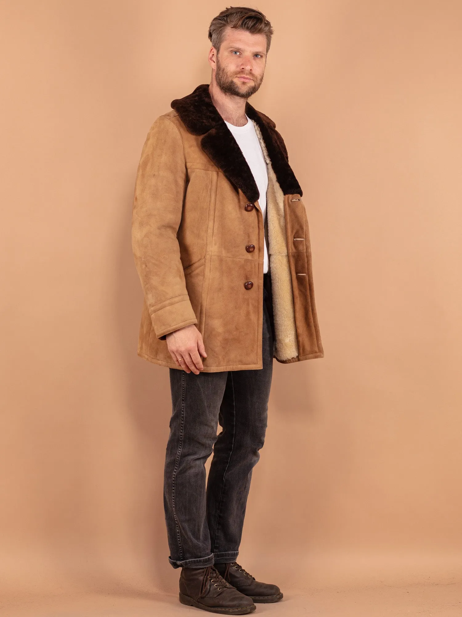 Vintage 70's Men Sheepskin Coat in Beige Brown