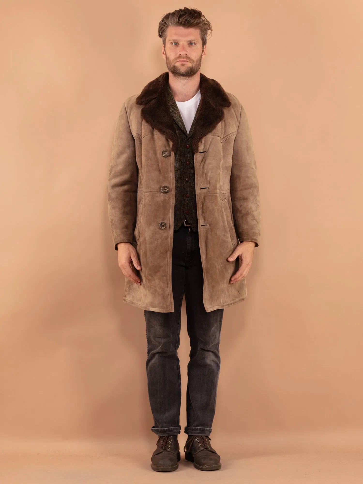 Vintage 70's Men Sheepskin Coat in Beige