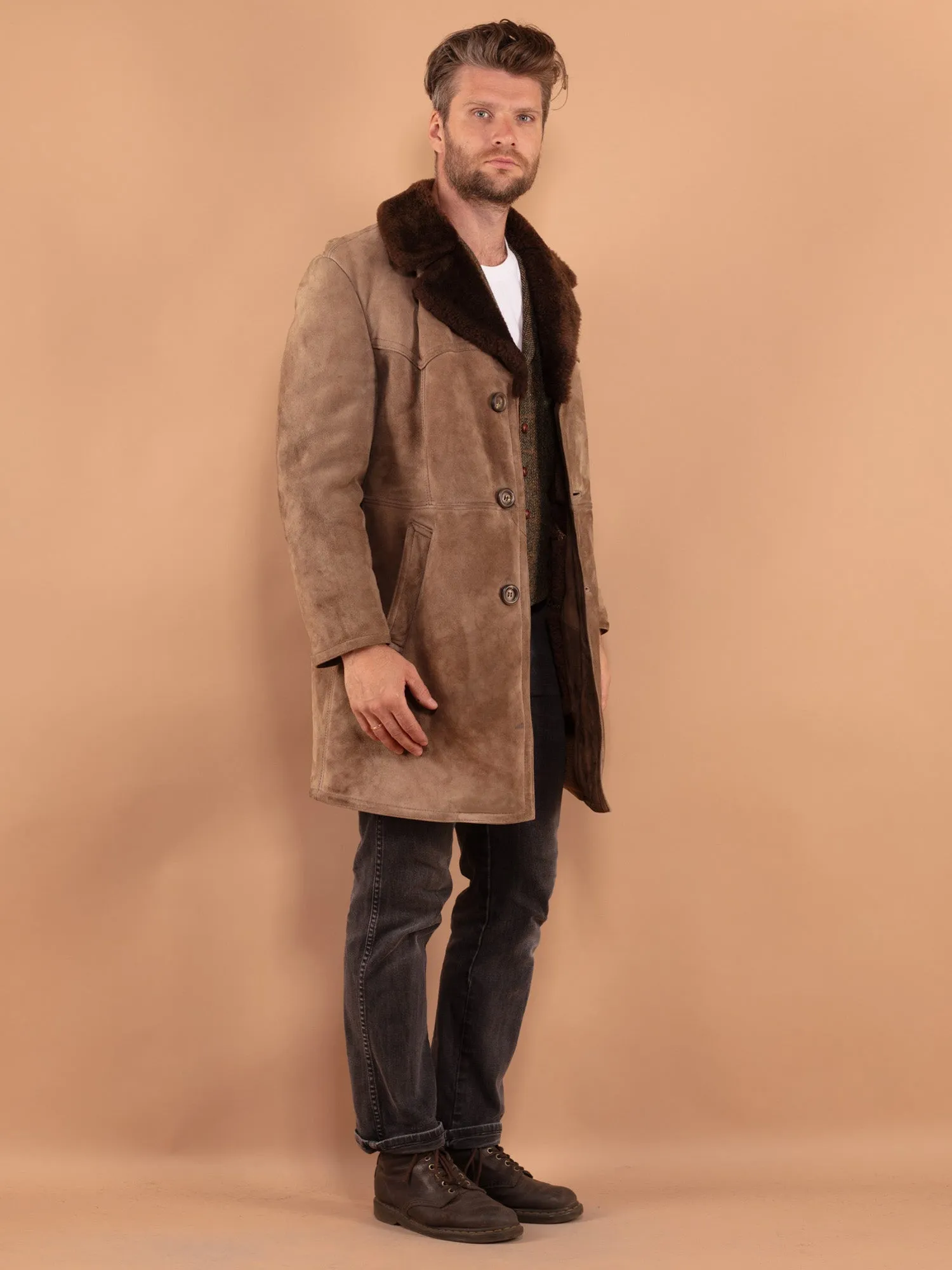 Vintage 70's Men Sheepskin Coat in Beige