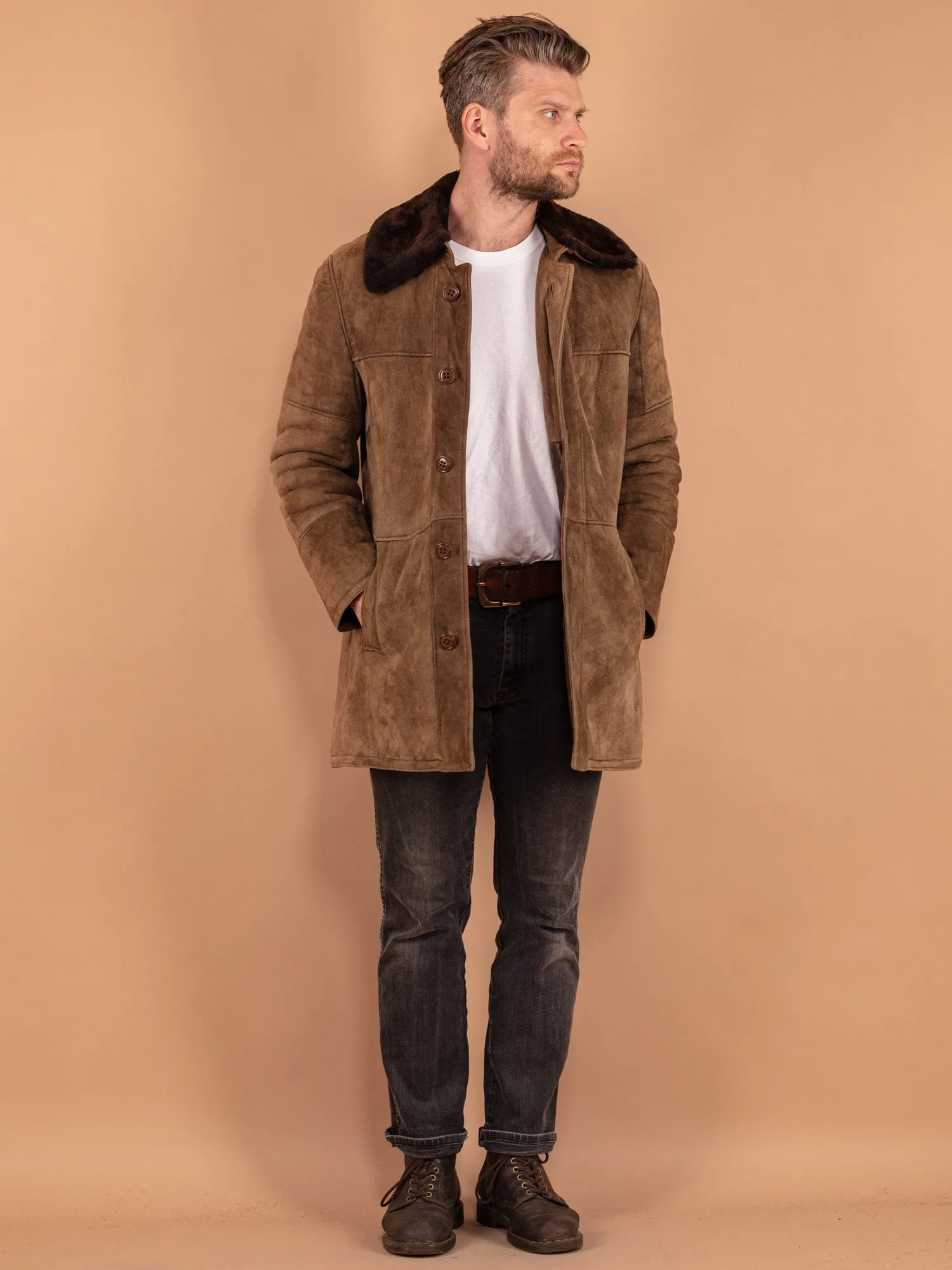 Vintage 70's Men Sheepskin Coat in Dark Beige