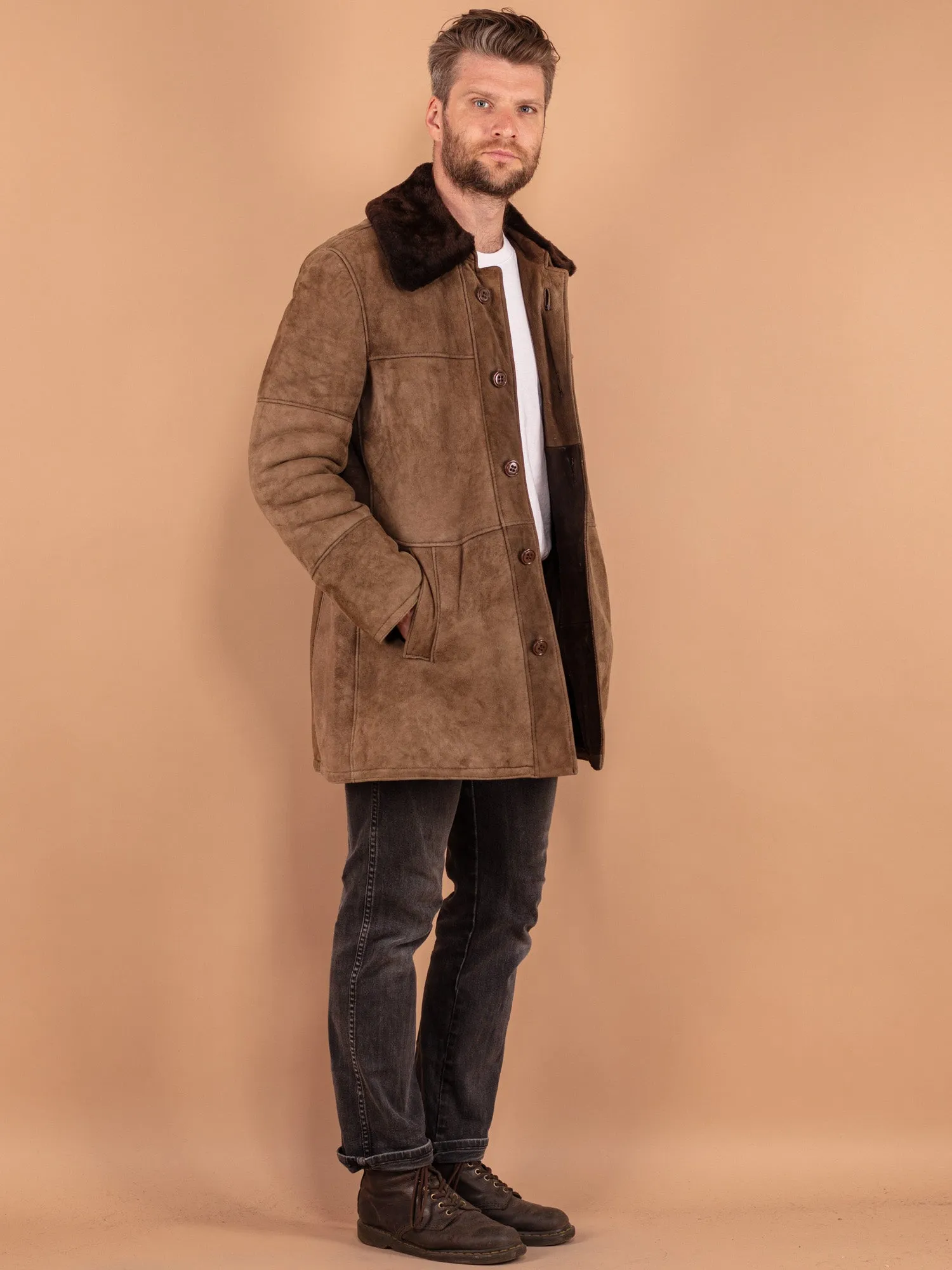 Vintage 70's Men Sheepskin Coat in Dark Beige