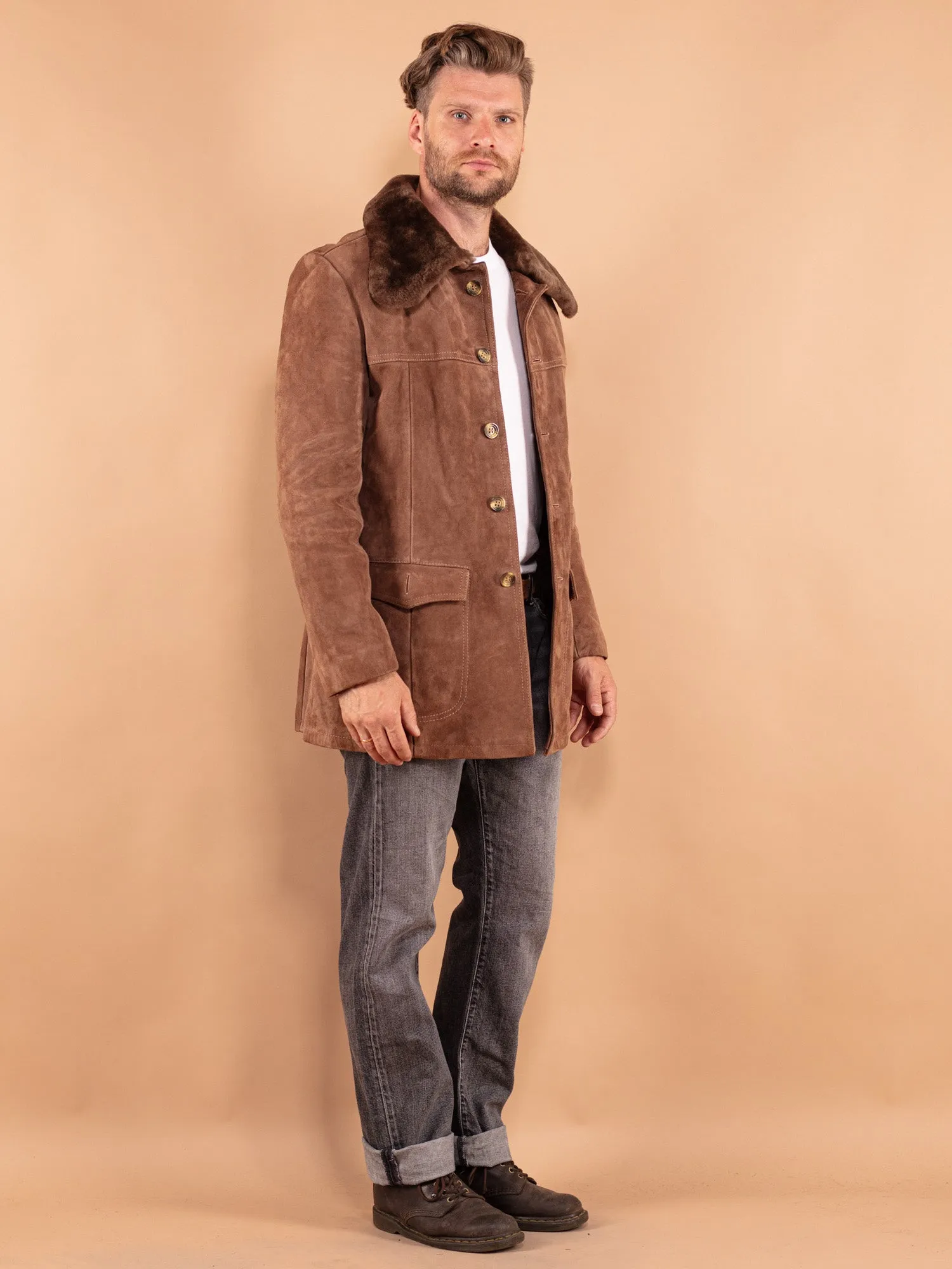 Vintage 70's Men Suede Sherpa Coat in Beige