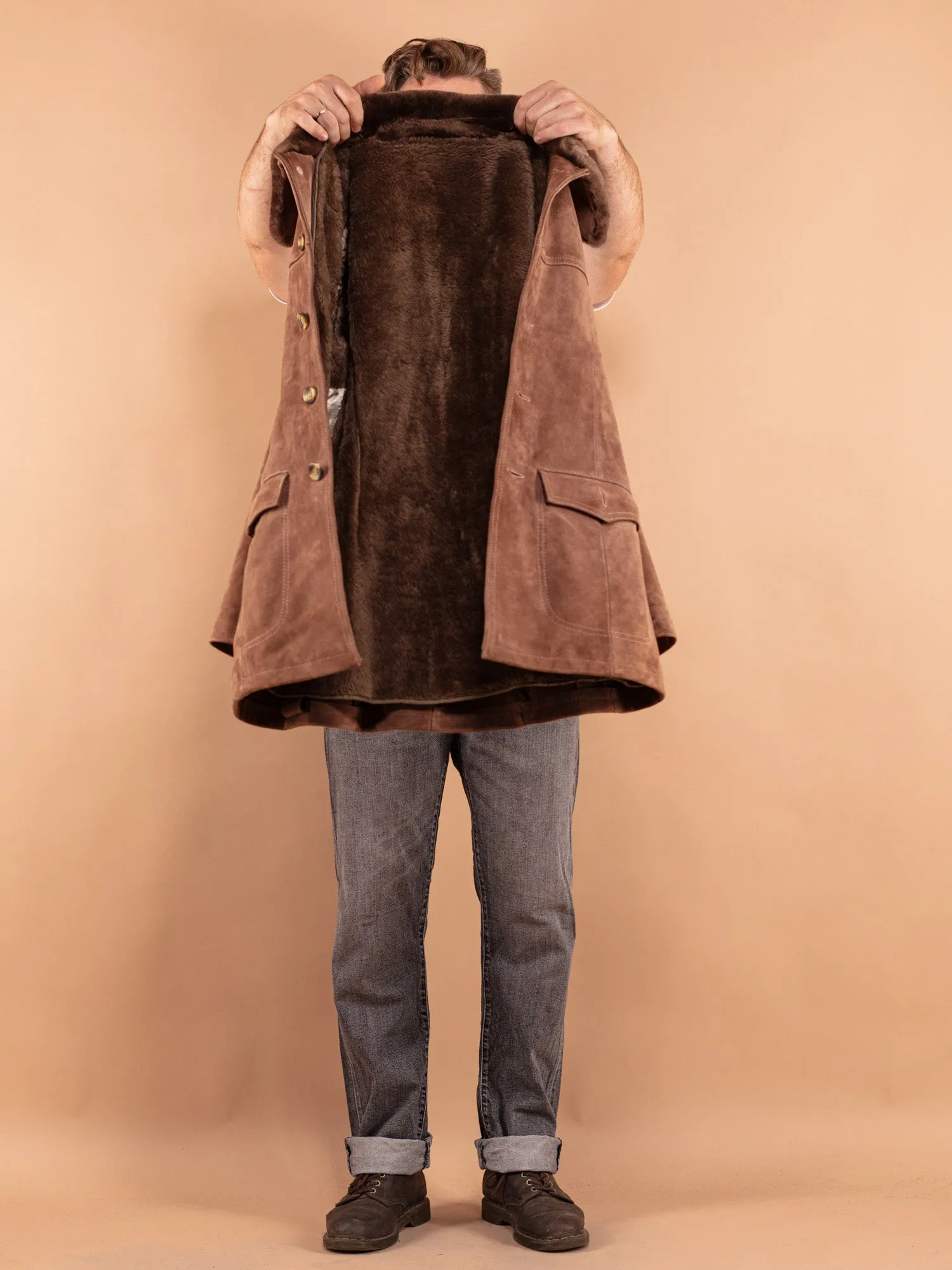 Vintage 70's Men Suede Sherpa Coat in Beige