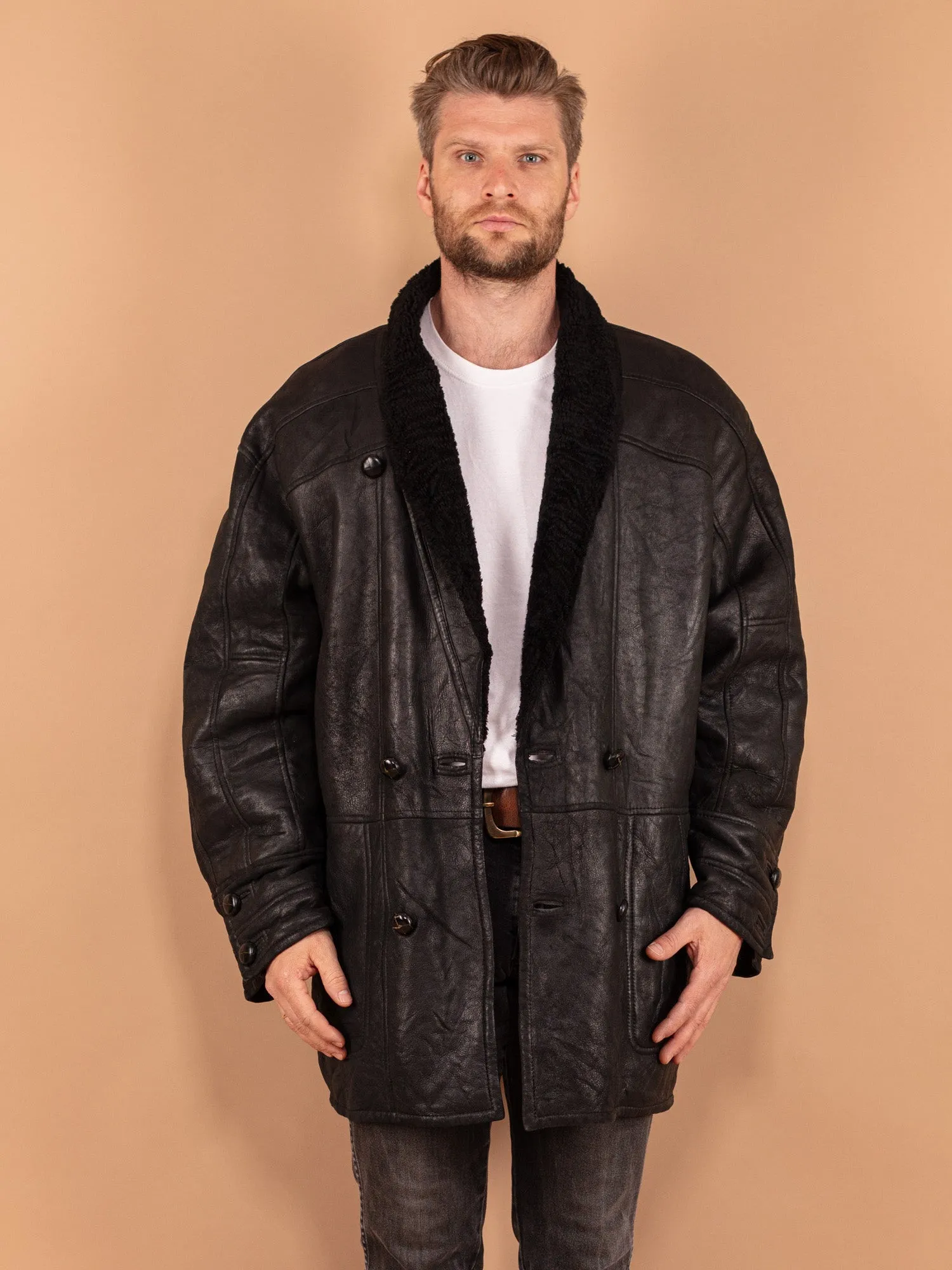 Vintage 80's Men Oversized Sheepskin Coat in Black