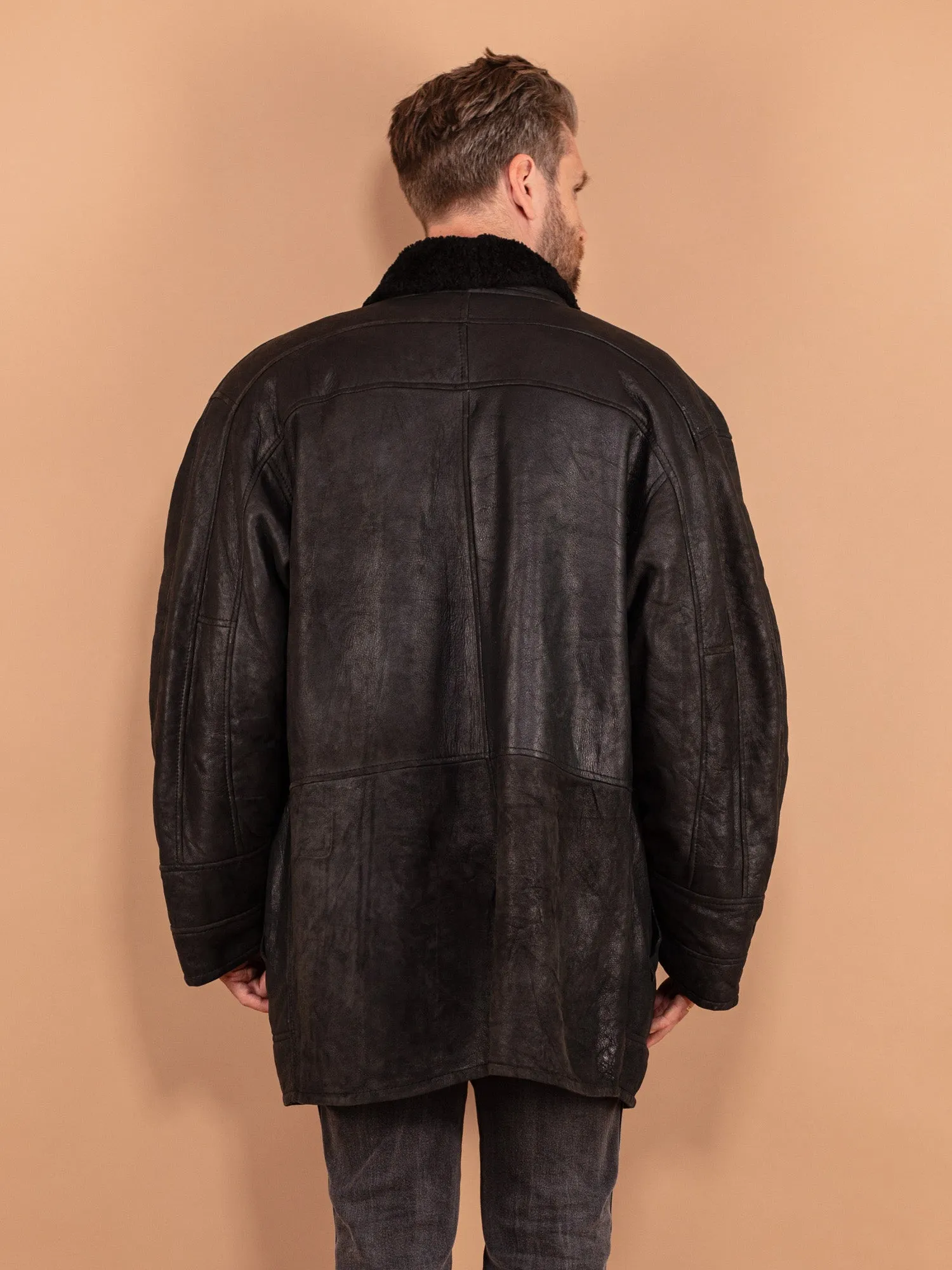 Vintage 80's Men Oversized Sheepskin Coat in Black