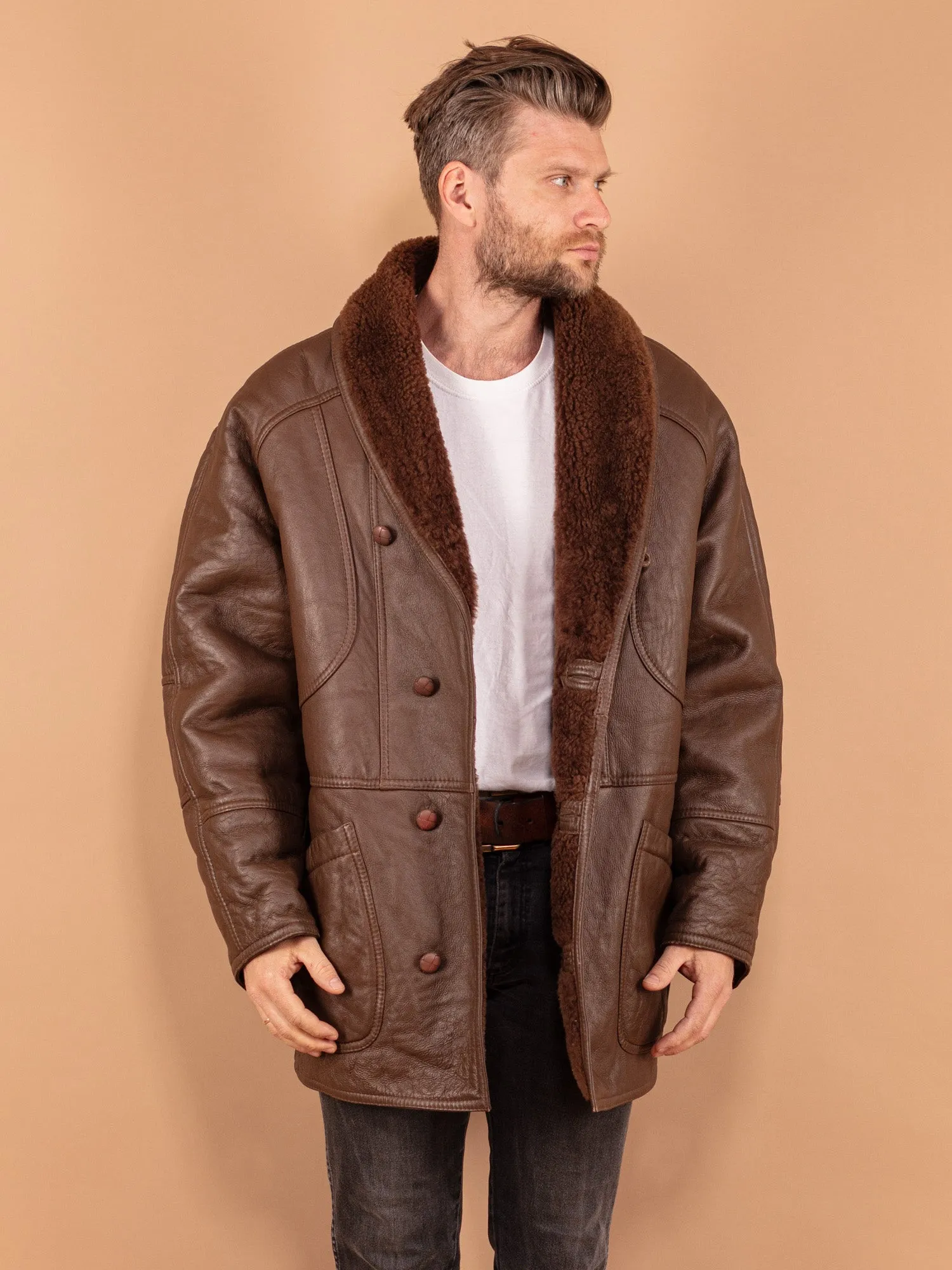 Vintage 80's Men Oversized Sheepskin Coat in Brown