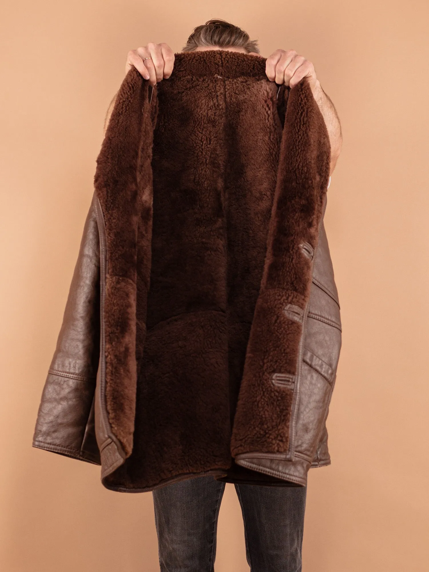 Vintage 80's Men Oversized Sheepskin Coat in Brown