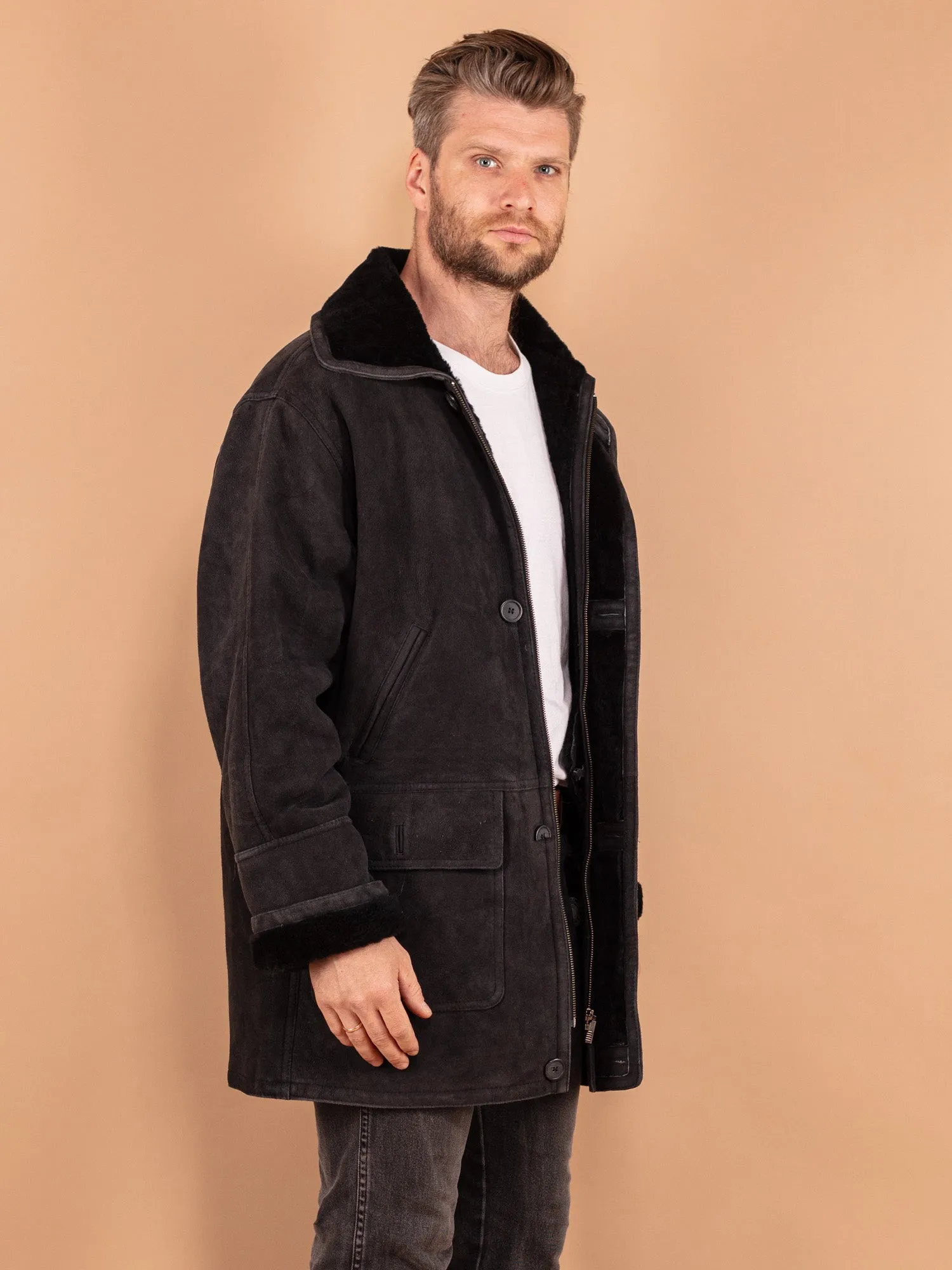 Vintage 80's Men Sheepskin Coat in Black