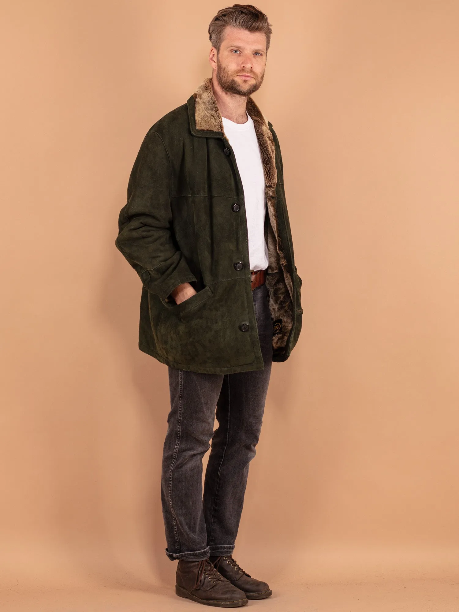 Vintage 80's Men Sheepskin Coat in Green